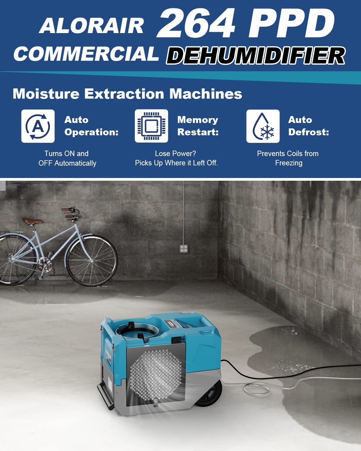 AlorAir Strom LGR 1250 Industrial Commercial Dehumidifier 264 Pints with Pump,  Portable, for Water Damage Restoration